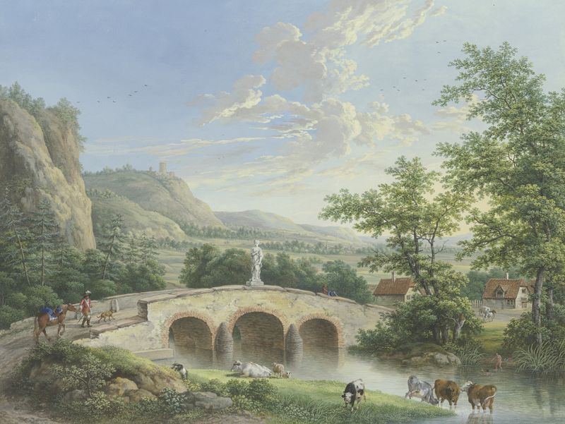 Paisagem com uma ponte de pedra e escultura antiga de Johann Georg Pforr