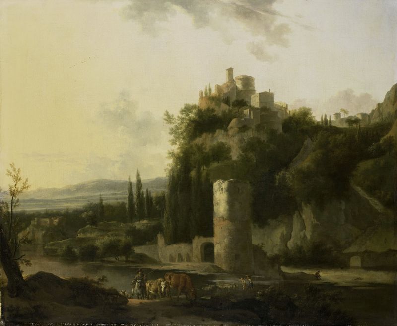 Italian landscape with a round tower, oil on canvas by Frederik de Moucheron