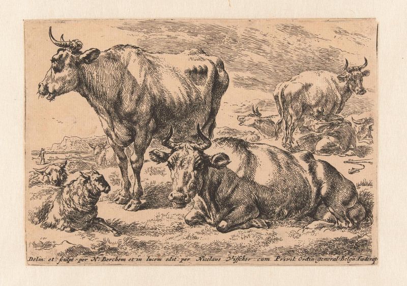 Gravura de Nicolaes Pietersz Berchem mostrando vacas e ovelhas em uma paisagem pastoral.