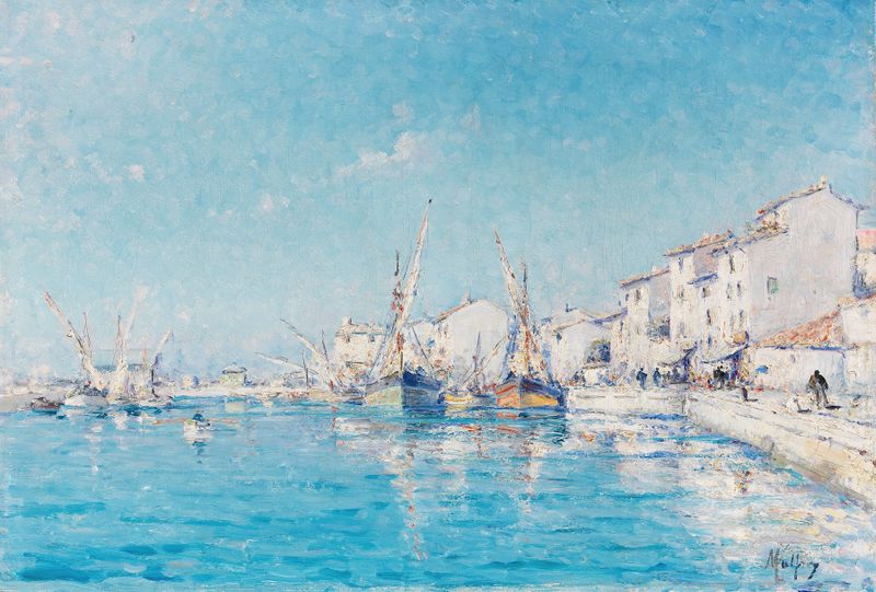 Oil on canvas by Henry Malfroy depicting a southern French fishing port with vibrant boats.