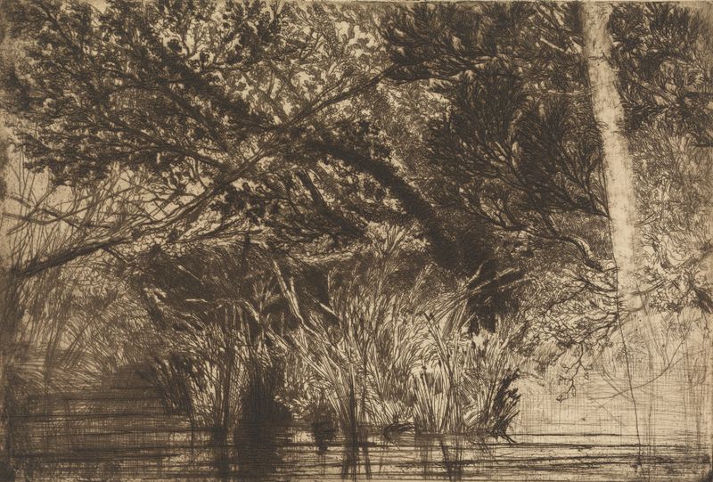 Gravura de Francis Seymour Haden mostrando um riacho tranquilo e a natureza.