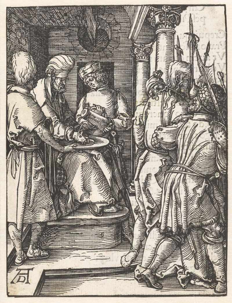 Gravura religiosa de Albrecht Dürer mostrando Pilato lavando as mãos