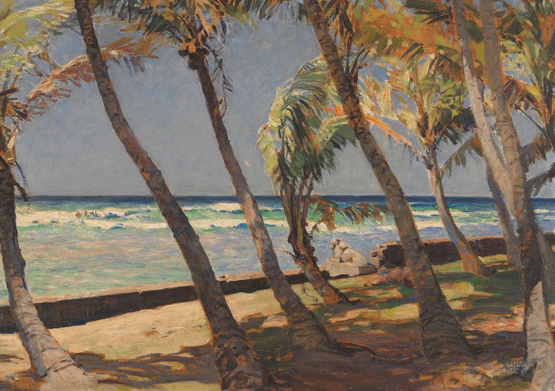 Waikiki Beach de Erich Kips, 1928, que representa olas y costa en un estilo postimpresionista
