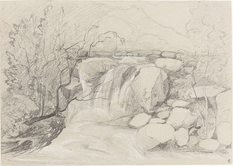 Agua Caída con Rocas, pintura al óleo de John Sell Cotman, que representa agua cayendo sobre rocas.
