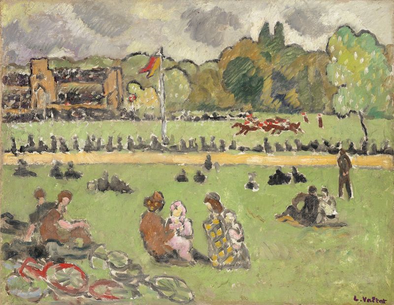 Les Courses, oil on canvas by Louis Valtat depicting a vibrant horse race with a jockey.
