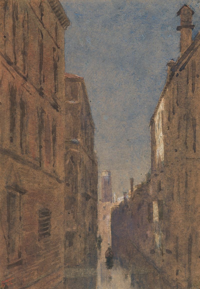 Watercolour by George Price Boyce depicting moonlit Palazzo San Buonnodi in Venice