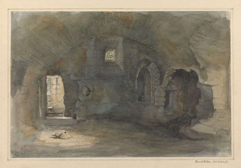 The Chapel, Dirleton Castle, Scotland de Daniel Wilson, pintura a óleo mostrando arcos de pedra e vitrais.