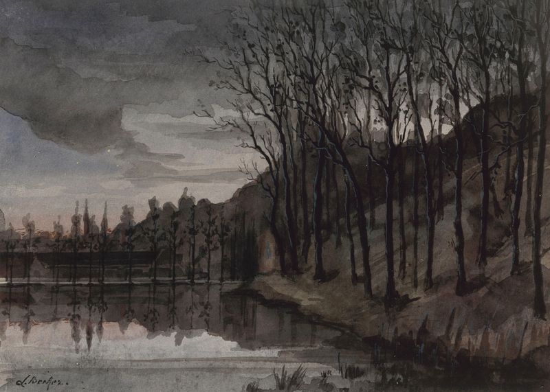 Evening by Léon Becker, oil on canvas, depicting a serene twilight landscape with deep blue and purple hues.