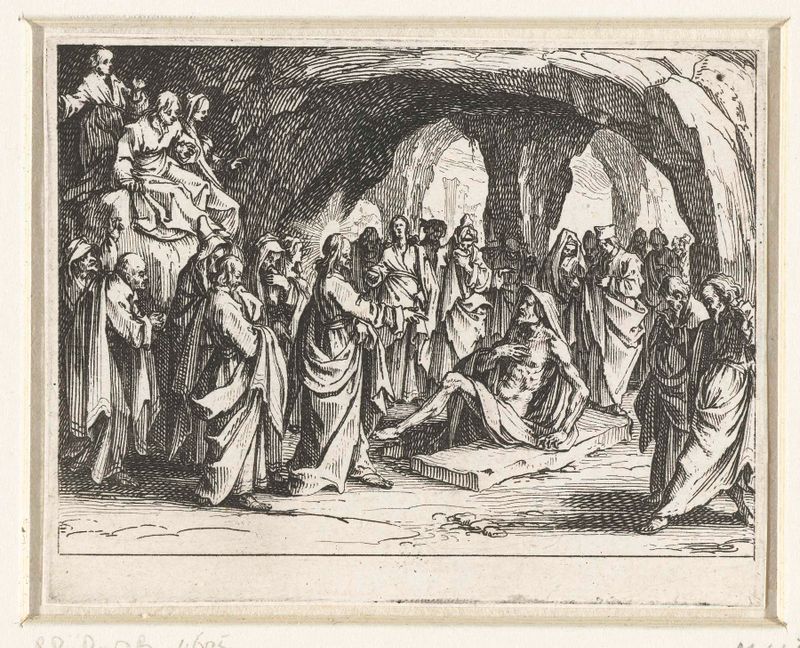 Grabado de Jacques Callot que representa a Lázaro resucitando de la tumba, con luz y sombra dramáticas.