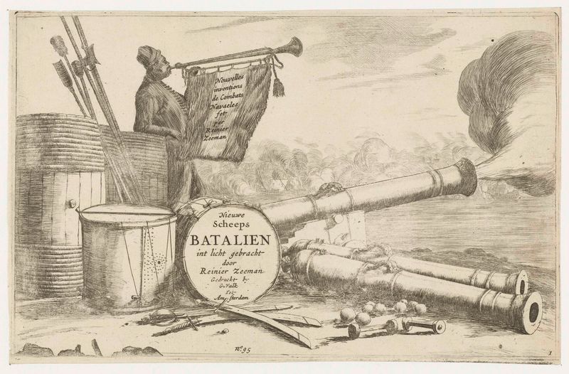 Gravura de Reinier Nooms mostrando um navio de guerra e um trompetista