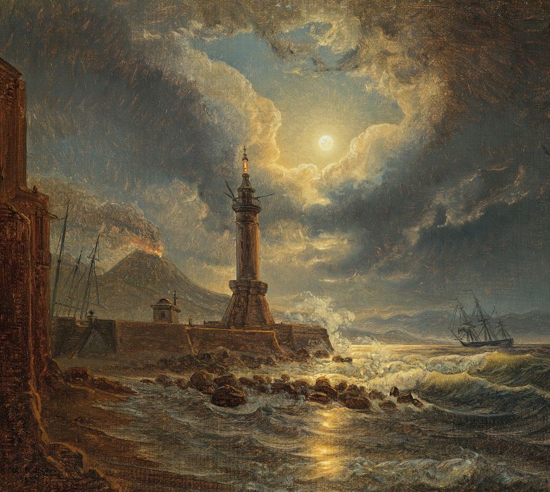 Marine scene of a lighthouse in Naples at night, oil painting by Joseph Rebell