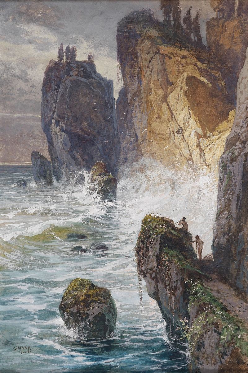 Faunen an einer Felsküste by Georg Janny, depicting a faun on a rocky coast, oil painting