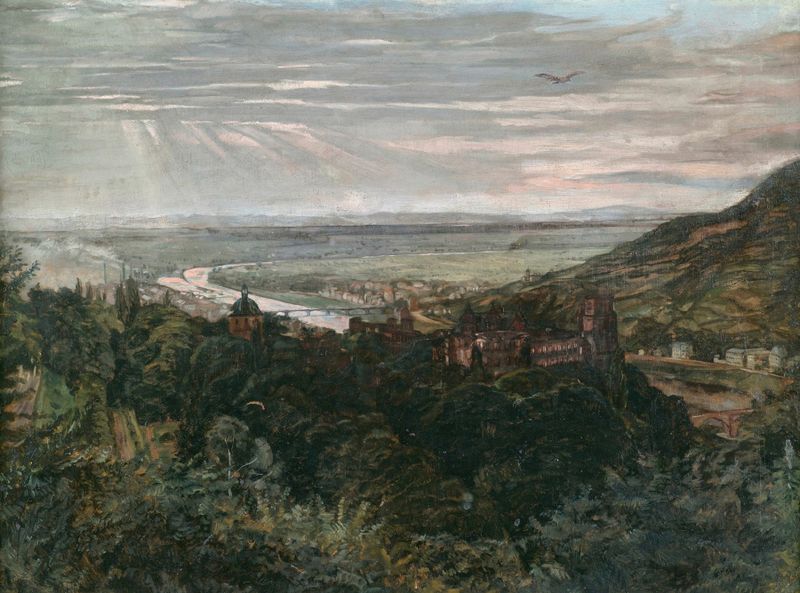 Landscape of Heidelberg with hills and rooftops, oil painting by Wilhelm Trübner