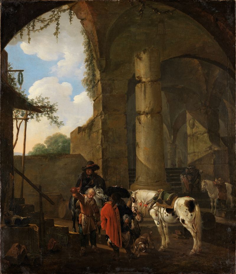 Osteria in römischer Ruine by Johann Heinrich Roos, oil painting depicting ancient ruins and lush greenery.