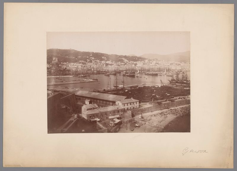 Harbor scene with boats and calm water, albumen print by Alfredo Noack