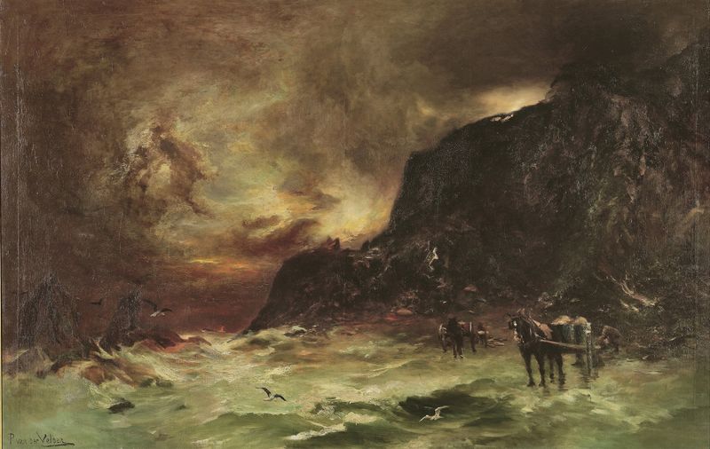Storm at Wellington Heads, oil painting by Petrus van der Velden depicting turbulent sea and dark clouds.