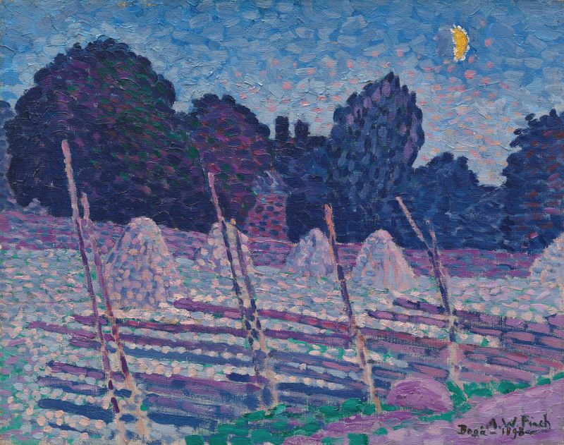 Paisagem ao crepúsculo de Alfred William Finch, pintura a óleo com índigos profundos e tons de laranja queimado.