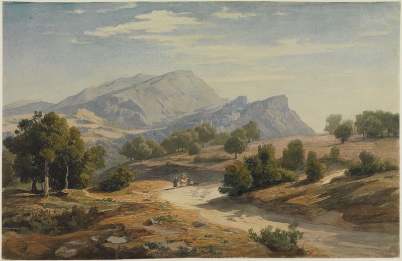 Pintura de paisagem a óleo de Johann Wilhelm Schirmer retratando Rocca Canterano ao crepúsculo.