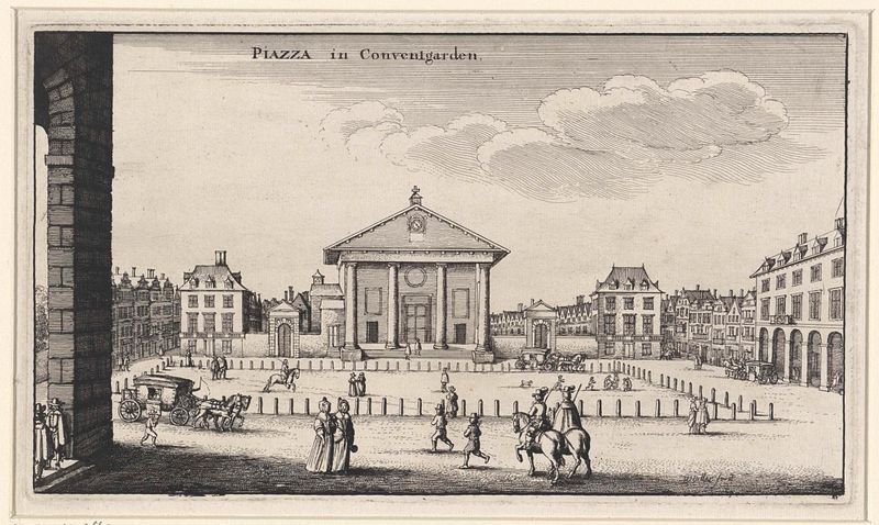 Grabado de Wenceslaus Hollar que muestra una animada escena de mercado en Covent Garden.