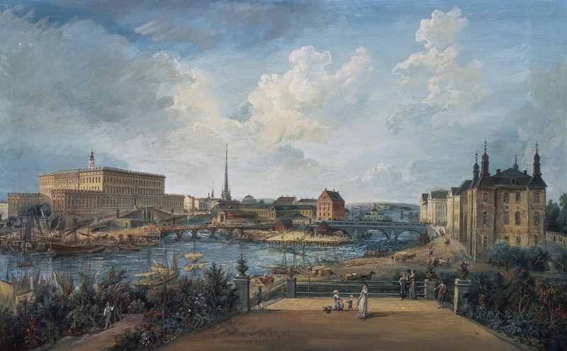 View of Stockholm IV by Elias Martin, oil on canvas depicting tranquil water and cityscape.