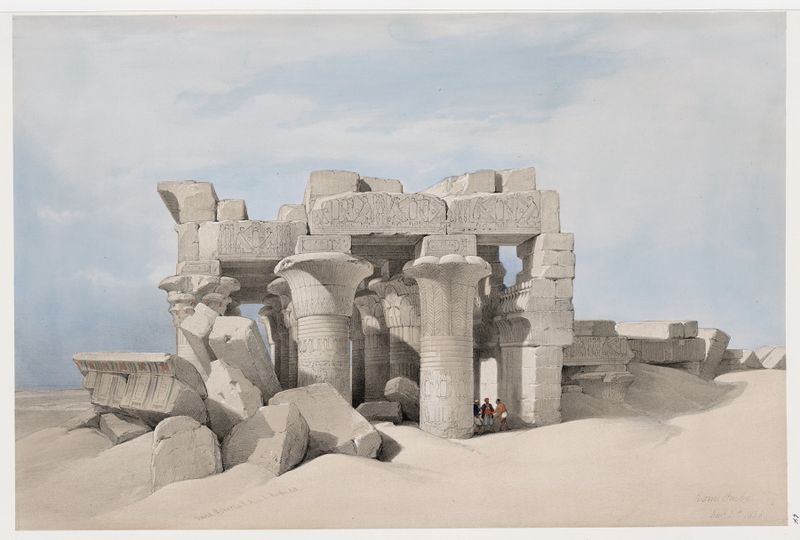 Litografía de David Roberts que representa acantilados de arenisca y ruinas antiguas en Kom Ombo