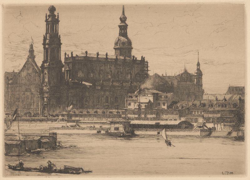 Helbigs und katholische Hofkirche by Walter Zeising, oil on canvas depicting architecture against a dramatic sky.