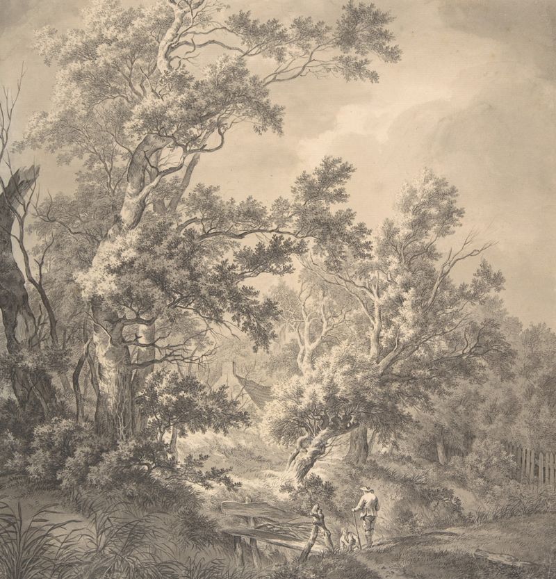 Landscape with a house, trees, and two men near a small bridge by Franciscus Andreas Milatz, oil painting