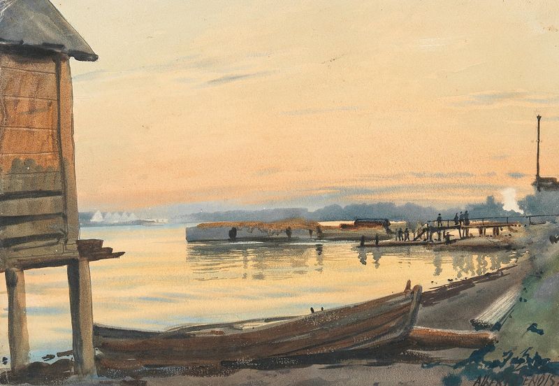 On the Neva River, óleo sobre tela de Albert Nikolaevich Benois, retratando uma cena tranquila do rio.