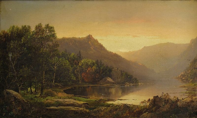 New England Mountain Lake at Sunrise by William Louis Sonntag, oil painting of a tranquil dawn landscape.
