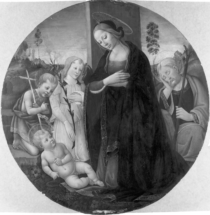 Holy Family with the Young Baptist and an Angel, madera, Master of the Miller Tondo