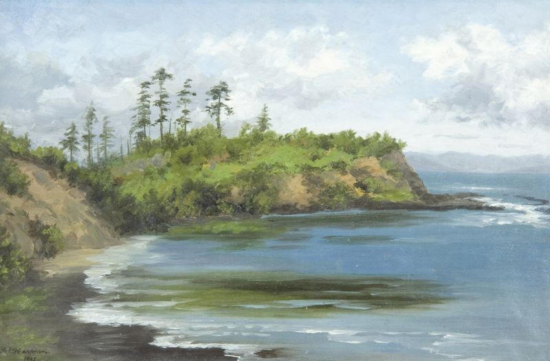 Paisaje de Agate Beach con conchas y madera flotante de Annie Lyle Harmon, pintura al óleo