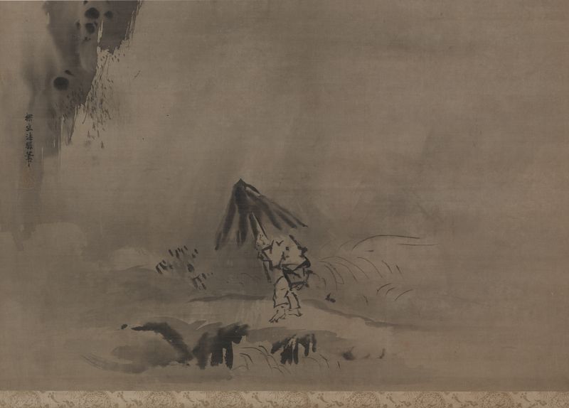 Evening Shower de Kano Tan’yū, Ukiyo-e, que representa un paisaje tranquilo con tonos suaves.