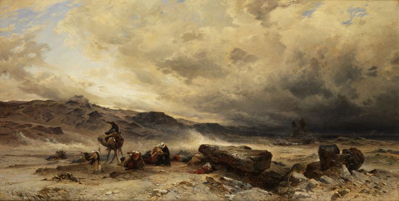 Camel train in a sandstorm, óleo sobre tela de Hermann David Salomon Corrodi