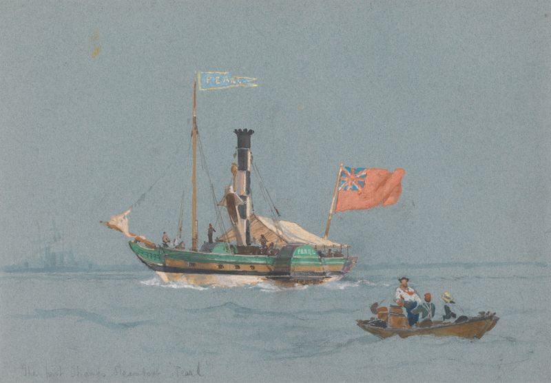 Oil on canvas by Edward Duncan depicting the steamboat Pearl gliding on a calm river.