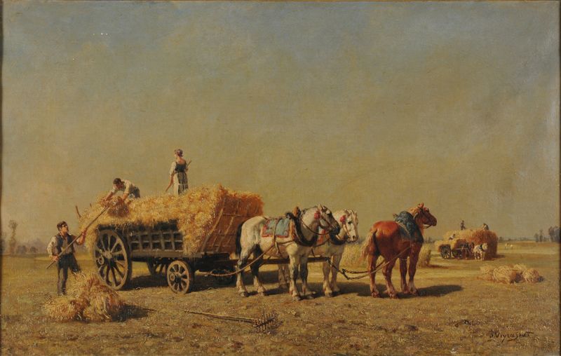 La moisson de Jules-Jacques Veyrassat, óleo sobre lienzo, mostrando trabajadores en campos dorados al anochecer.
