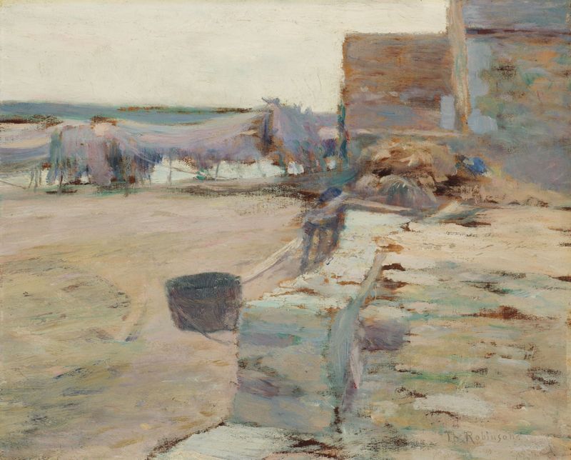 Fishing Huts in France by Theodore Robinson, oil painting of weathered huts by the coast.
