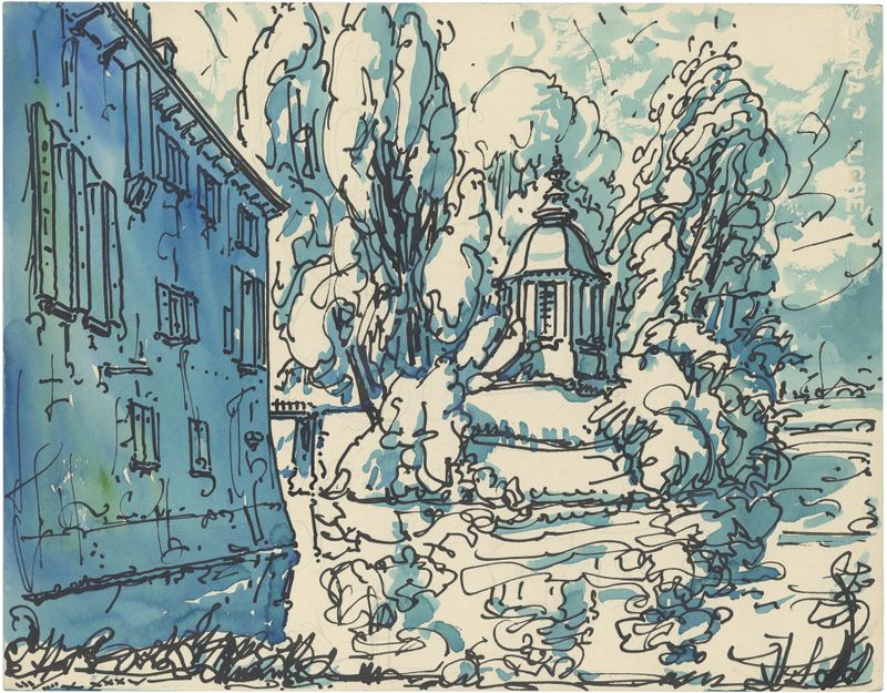 Paisagem impressionista de Alfred Ost com uma casa italiana, igreja e árvores