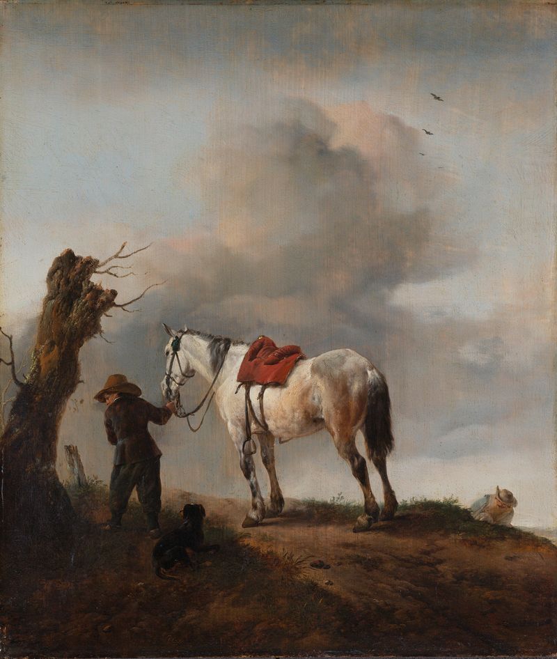 A grey horse with reins held by a boy, oil on panel by Philips Wouwerman