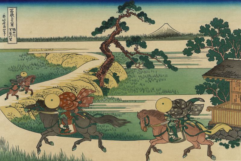 Ukiyo-e de Katsushika Hokusai que representa un tranquilo pueblo junto a un río