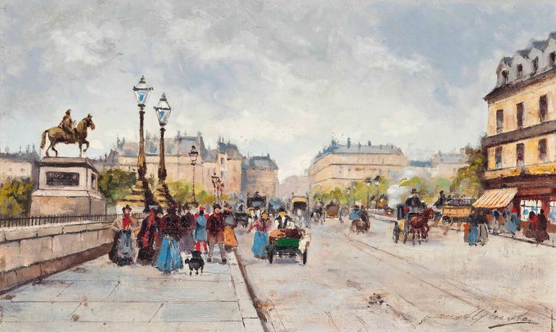 Genre scene depicting a busy day on the Pont Neuf, Paris by Fausto Giusto
