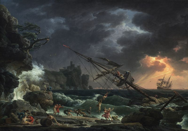 El Naufragio de Claude-Joseph Vernet, óleo que muestra a marineros en una tormenta.
