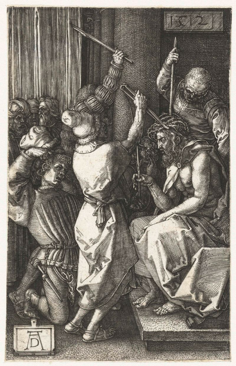 De doornenkroning grabado de Albrecht Dürer que muestra a Cristo con una corona de espinas y halo