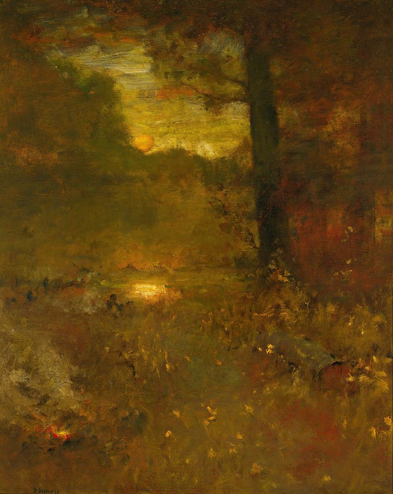 Landscape At Sundown, óleo sobre lienzo de George Inness, que representa un atardecer tranquilo.