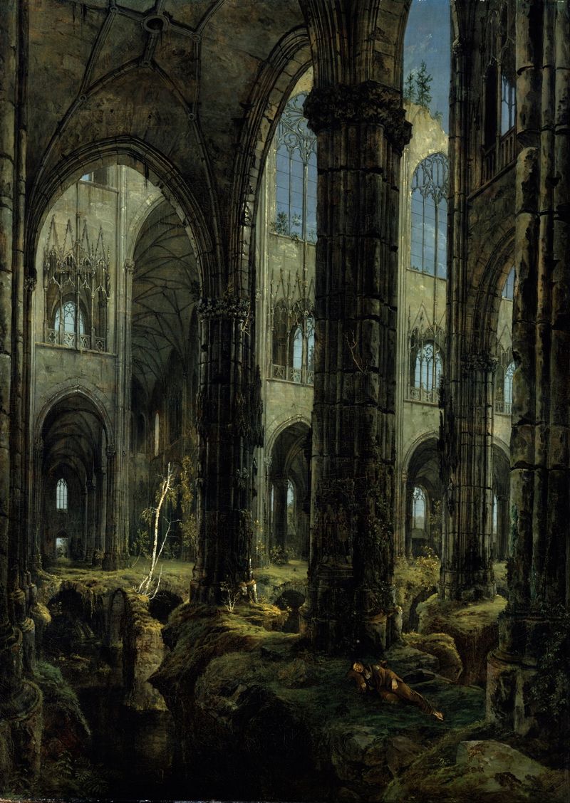 Ruínas da Igreja Gótica de Carl Blechen, pintura a óleo que retrata arcos em ruínas e cores suaves.