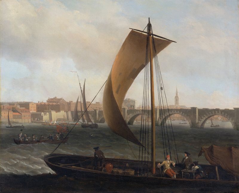 Rococo oil painting by Samuel Scott depicting the Thames, Westminster Bridge, and boats