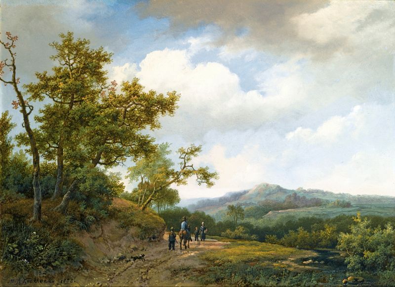 Figures on a sandy track in a hilly landscape, oil painting by Marinus Adrianus Koekkoek