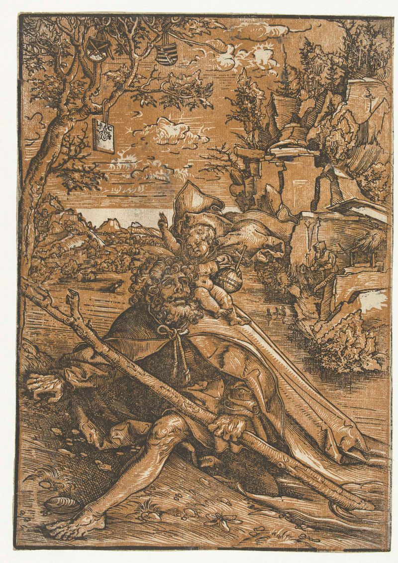 São Cristóvão carregando o Menino Jesus no ombro, meio de madeira, por Lucas Cranach