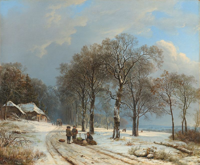 Paisaje invernal óleo de Barend Cornelis Koekkoek con hombres junto a un trineo en la nieve.