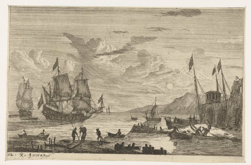 Gravura de Reinier Nooms mostrando dois barcos à vela em um porto