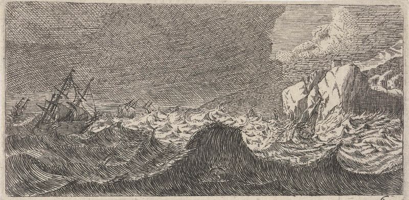 Feroz tempestade no mar com ondas quebrando, gravura de Unknown Artist